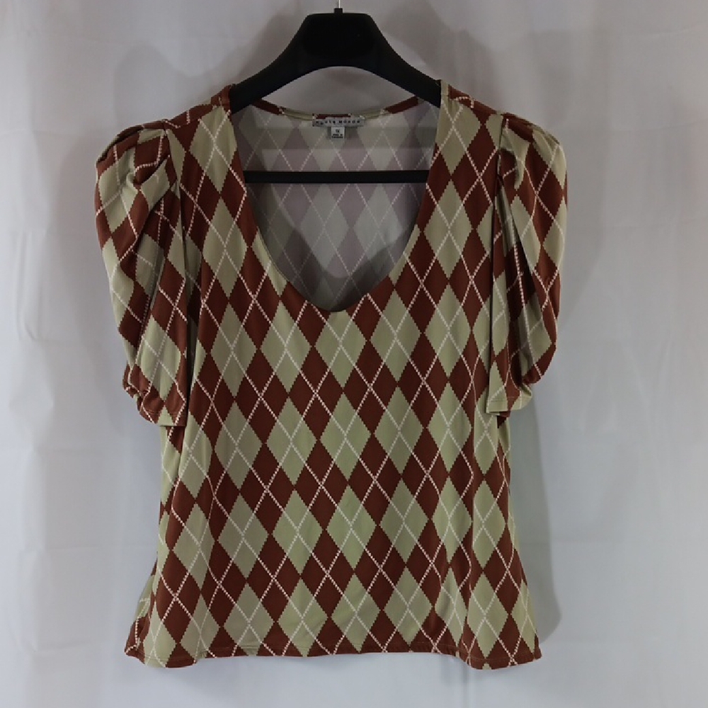 Haute Monde Blouse Women's Size 1X Brown Green Cream Argyle